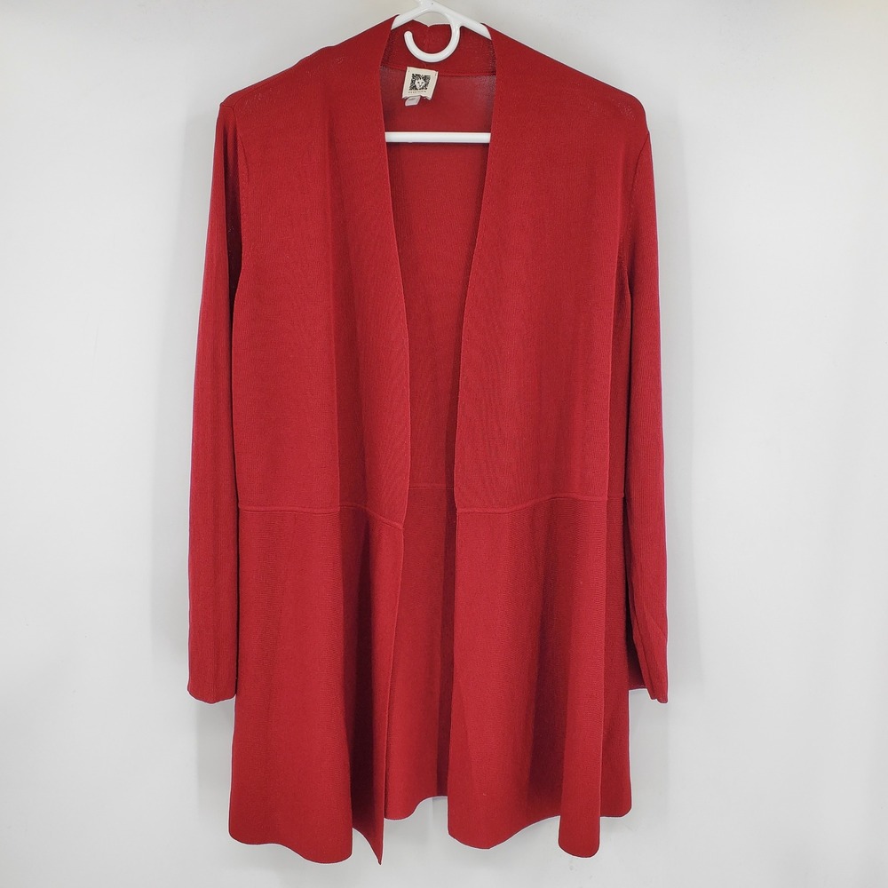 Anne Klein Womens Red Open Front Longline Knit Cardigan Sweater 1X Career Office